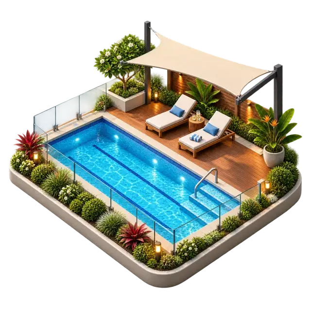 Purva Anekal swimming pool with leisure deck, seating and planted surroundings