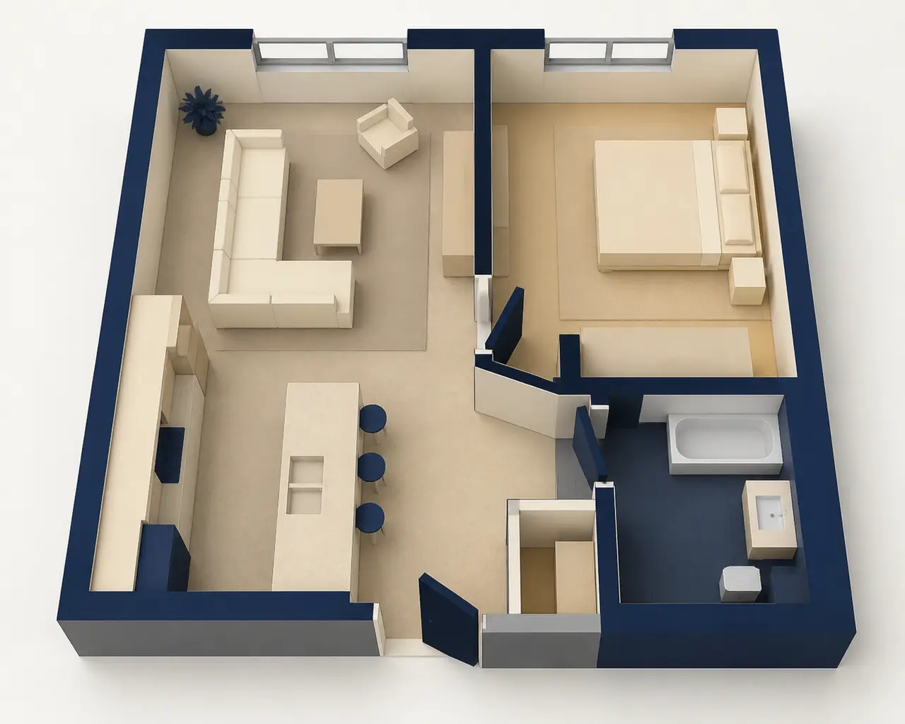 Generic conceptual one-bedroom apartment zoning study Generic conceptual one-bedroom apartment zoning study