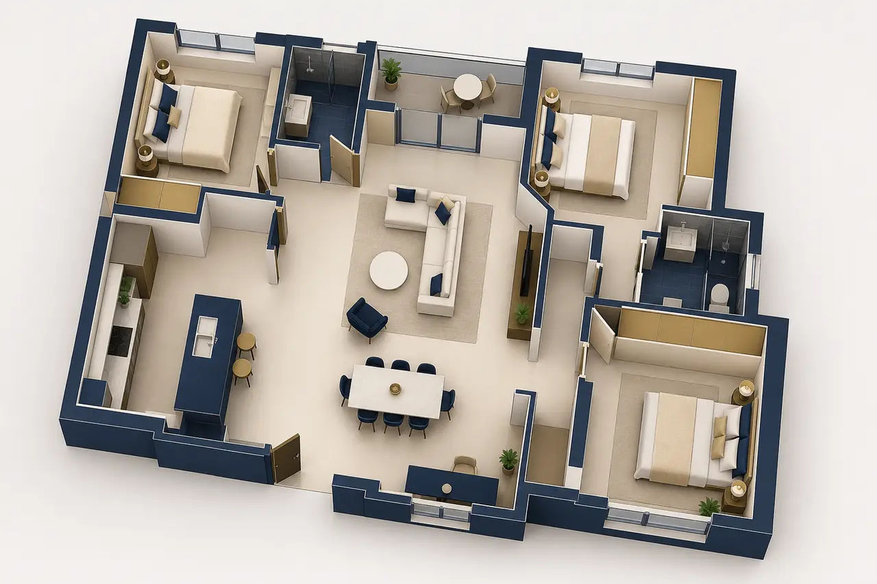 Generic conceptual three-bedroom apartment zoning study Generic conceptual three-bedroom apartment zoning study
