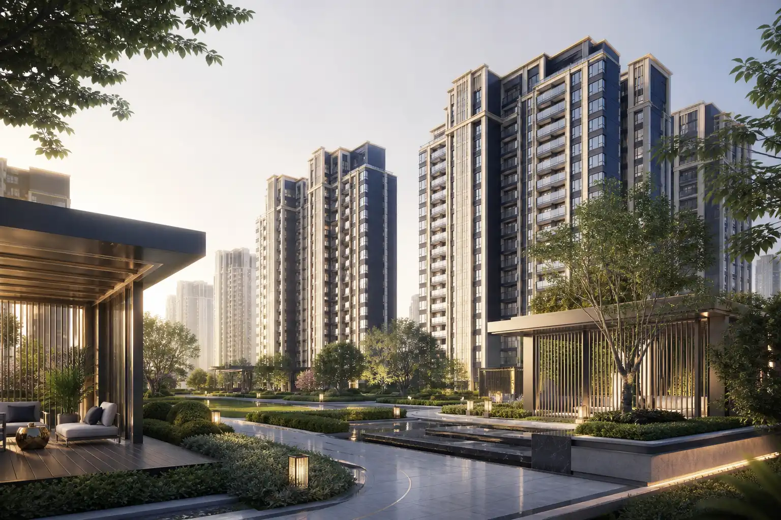 Conceptual navy-and-ivory high-rise residential composition with landscaped foreground